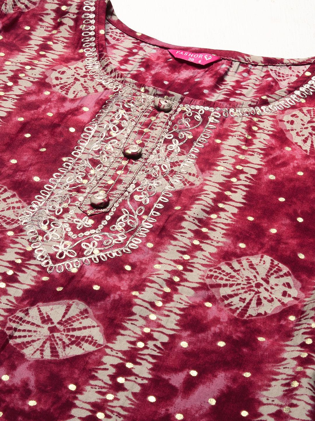 Bandhani Printed Zari Embroidered Kurta - Maroon - Indiakreations