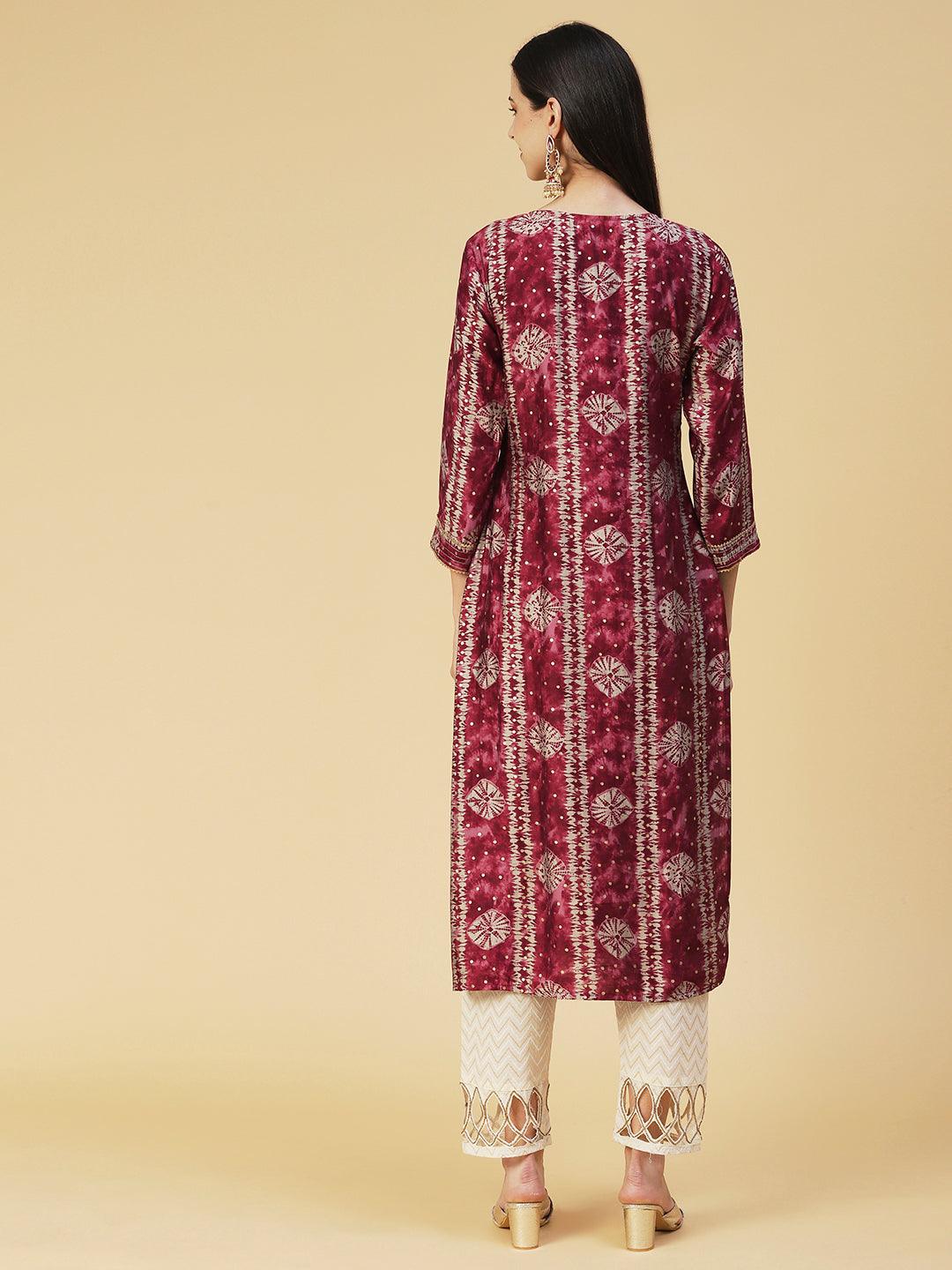 Bandhani Printed Zari Embroidered Kurta - Maroon - Indiakreations