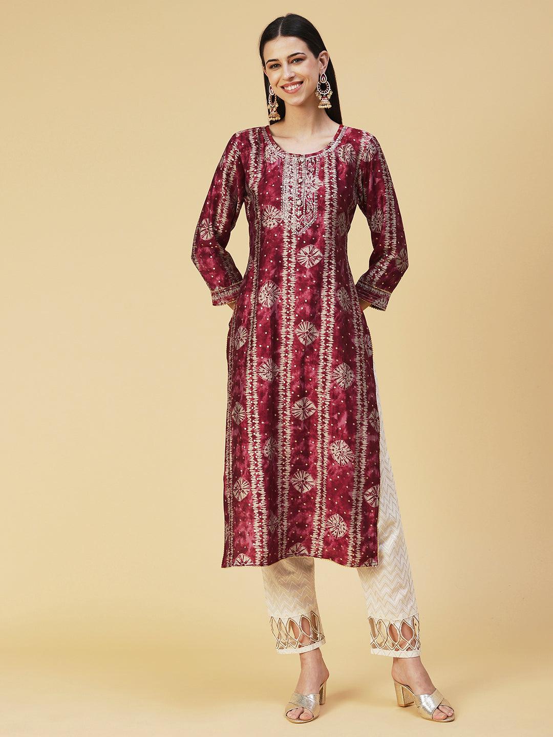 Bandhani Printed Zari Embroidered Kurta - Maroon - Indiakreations