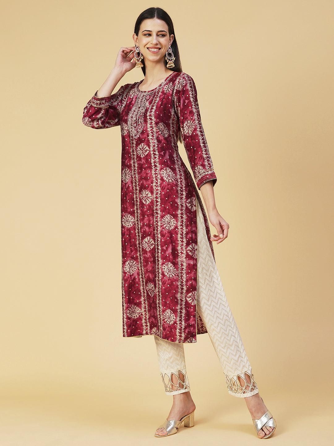 Bandhani Printed Zari Embroidered Kurta - Maroon - Indiakreations