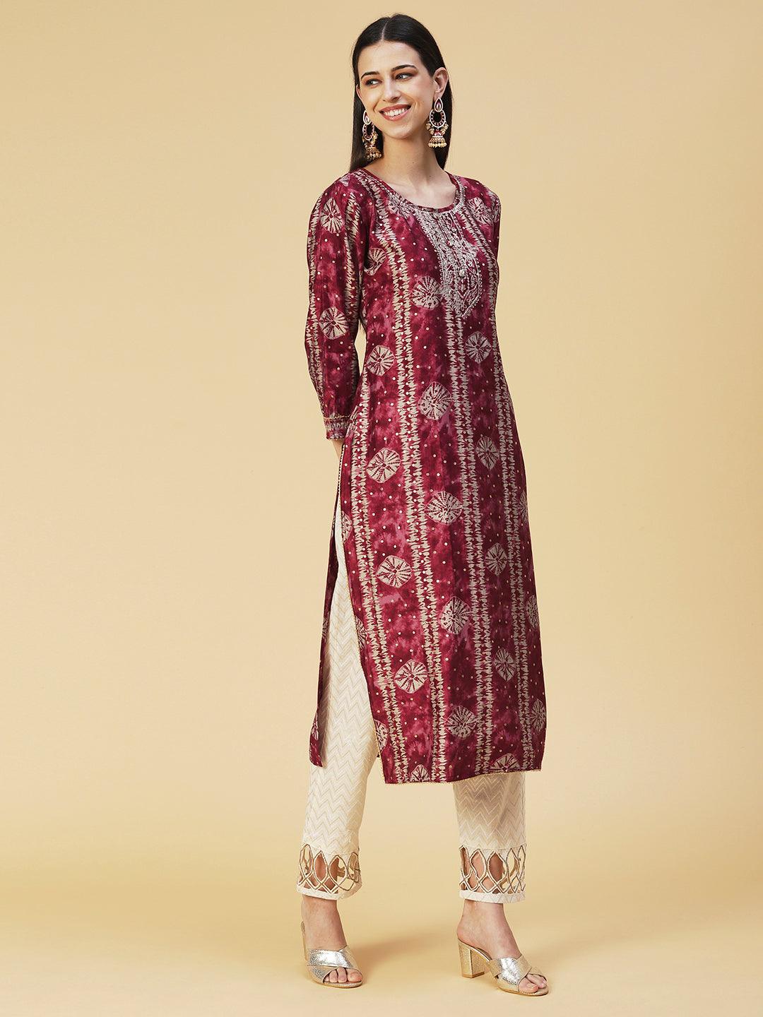 Bandhani Printed Zari Embroidered Kurta - Maroon - Indiakreations