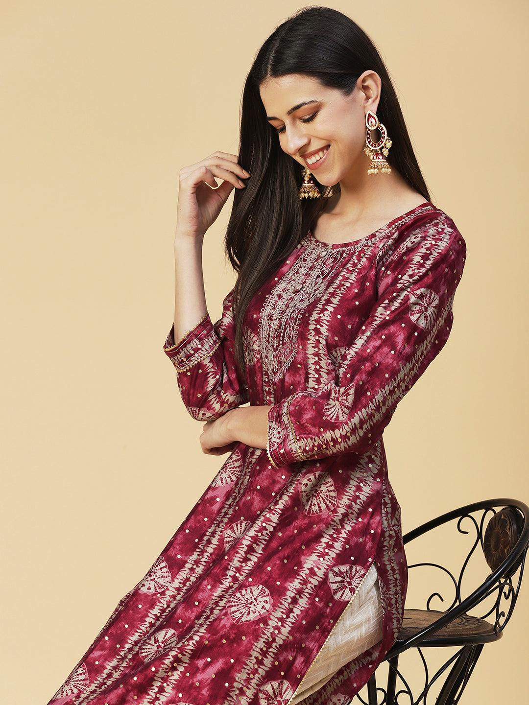 Bandhani Printed Zari Embroidered Kurta - Maroon - Indiakreations