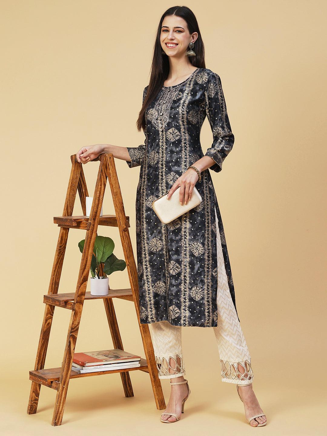 Bandhani Printed Zari Embroidered Kurta - Navy Blue - Indiakreations