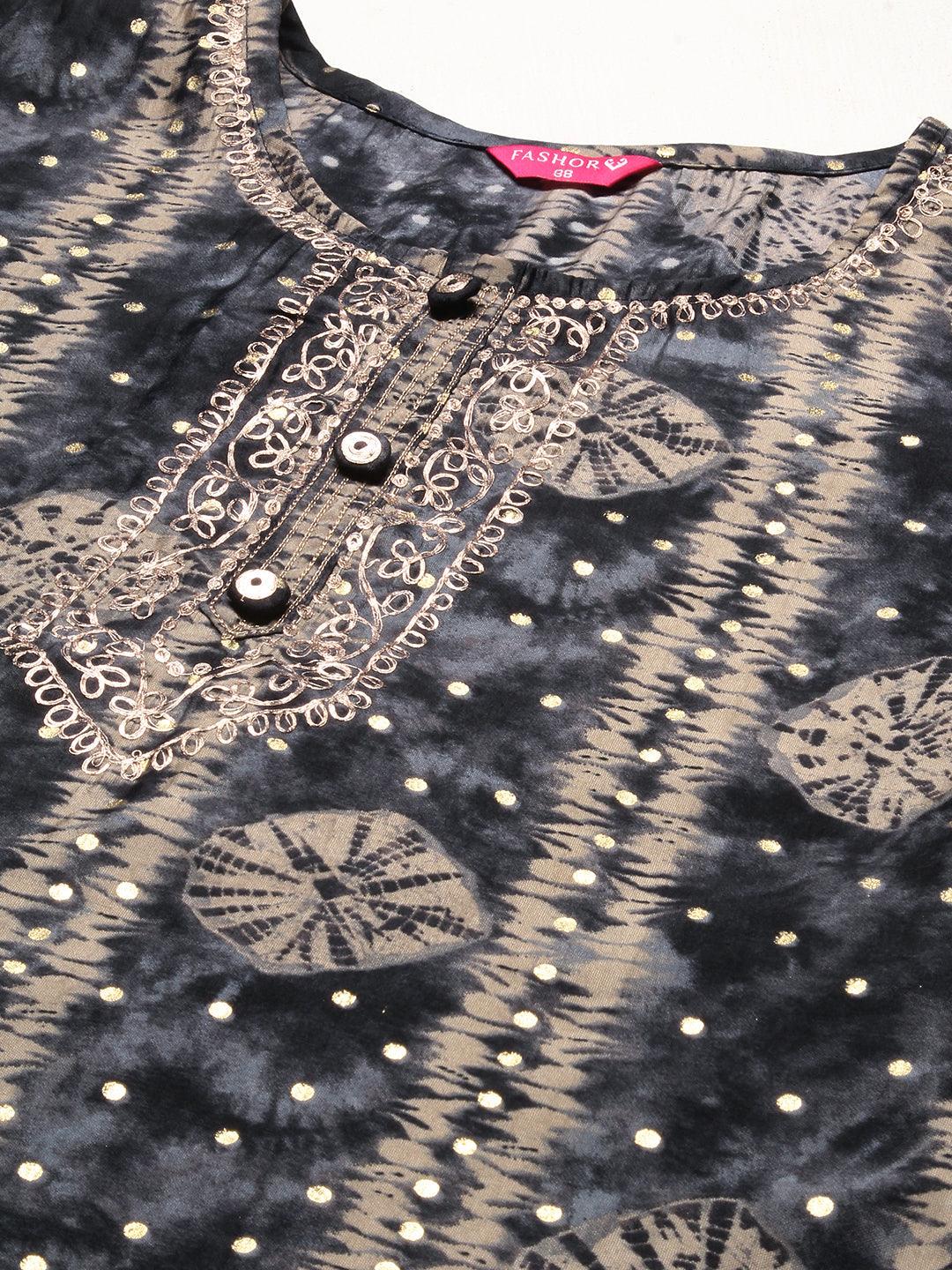 Bandhani Printed Zari Embroidered Kurta - Navy Blue - Indiakreations