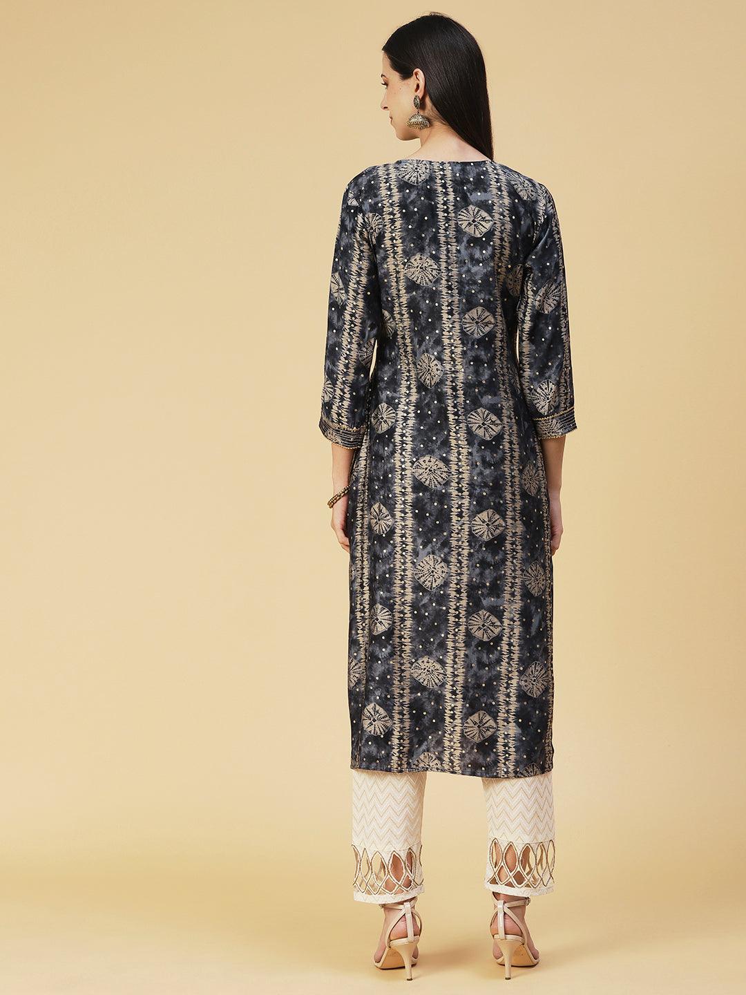 Bandhani Printed Zari Embroidered Kurta - Navy Blue - Indiakreations