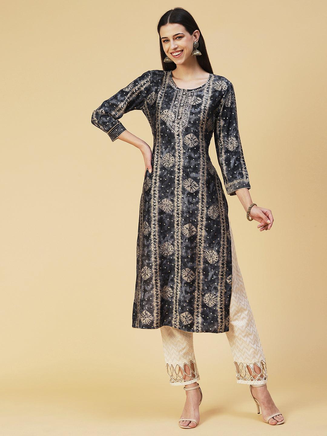 Bandhani Printed Zari Embroidered Kurta - Navy Blue - Indiakreations