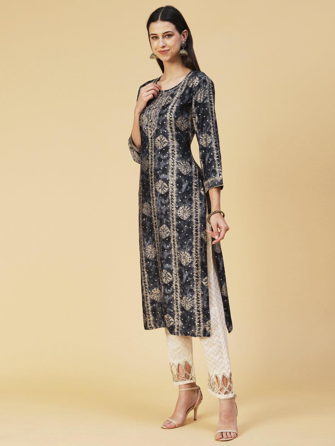 Bandhani Printed Zari Embroidered Kurta - Navy Blue - Indiakreations