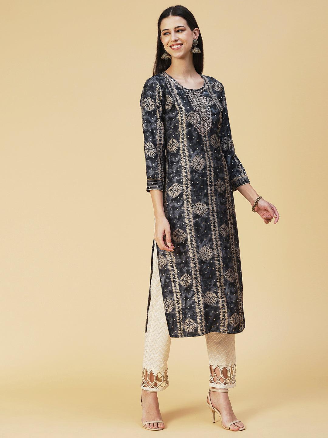 Bandhani Printed Zari Embroidered Kurta - Navy Blue - Indiakreations