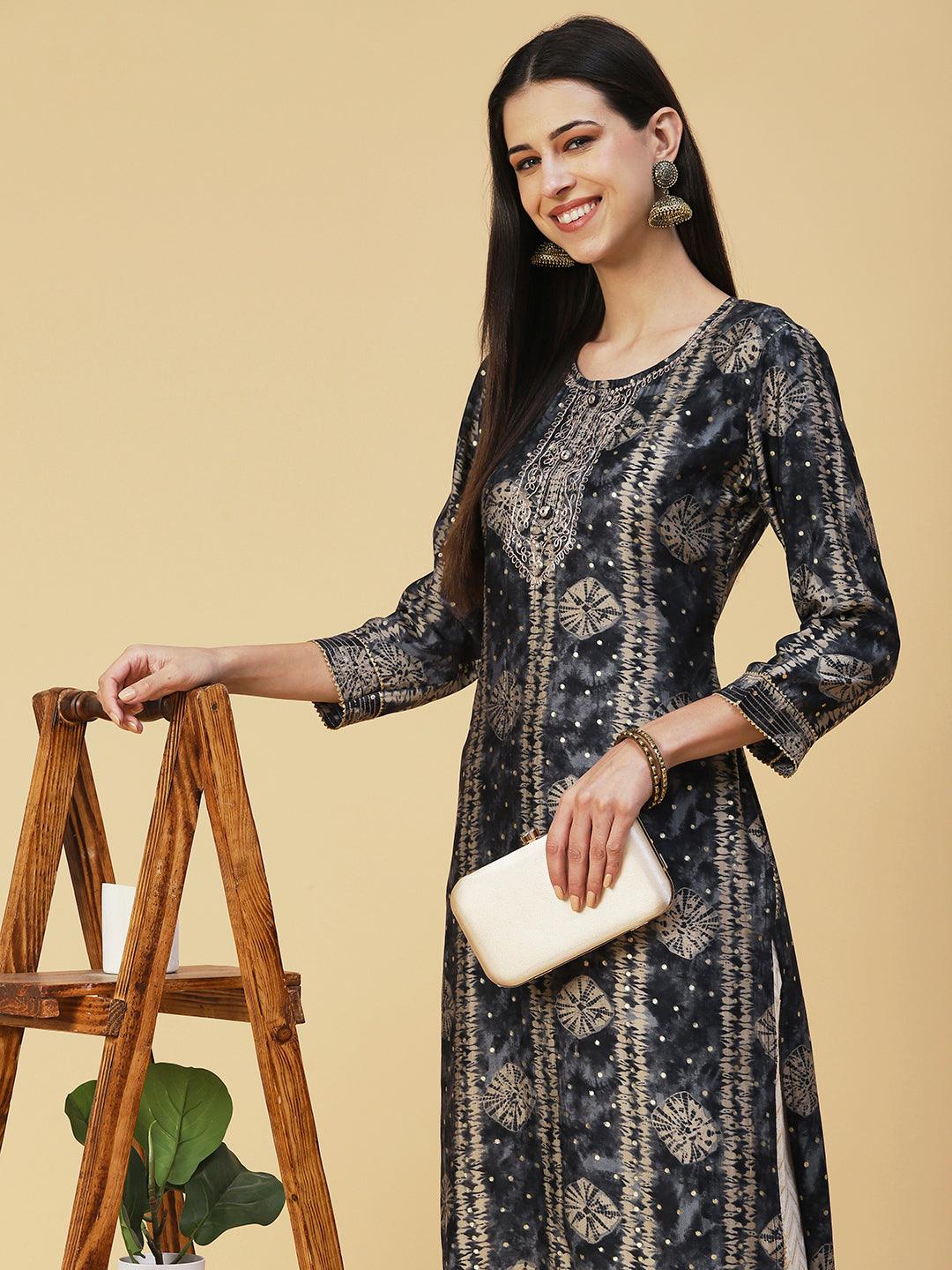 Bandhani Printed Zari Embroidered Kurta - Navy Blue - Indiakreations