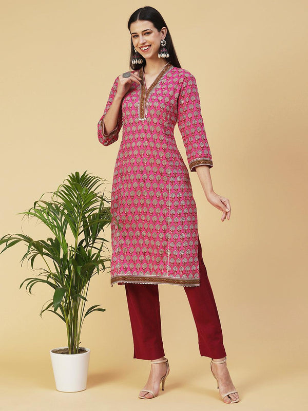 Ethnic Printed Straight Fit Kurta - Pink - Indiakreations