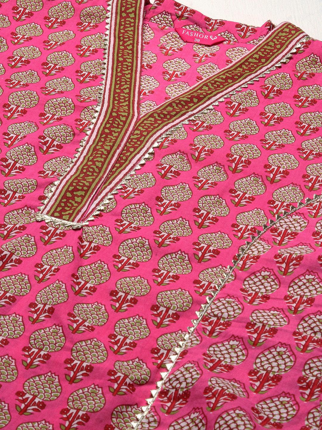 Ethnic Printed Straight Fit Kurta - Pink - Indiakreations