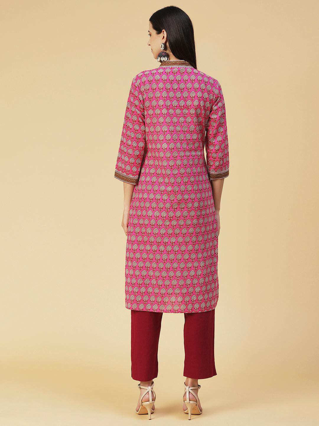 Ethnic Printed Straight Fit Kurta - Pink - Indiakreations