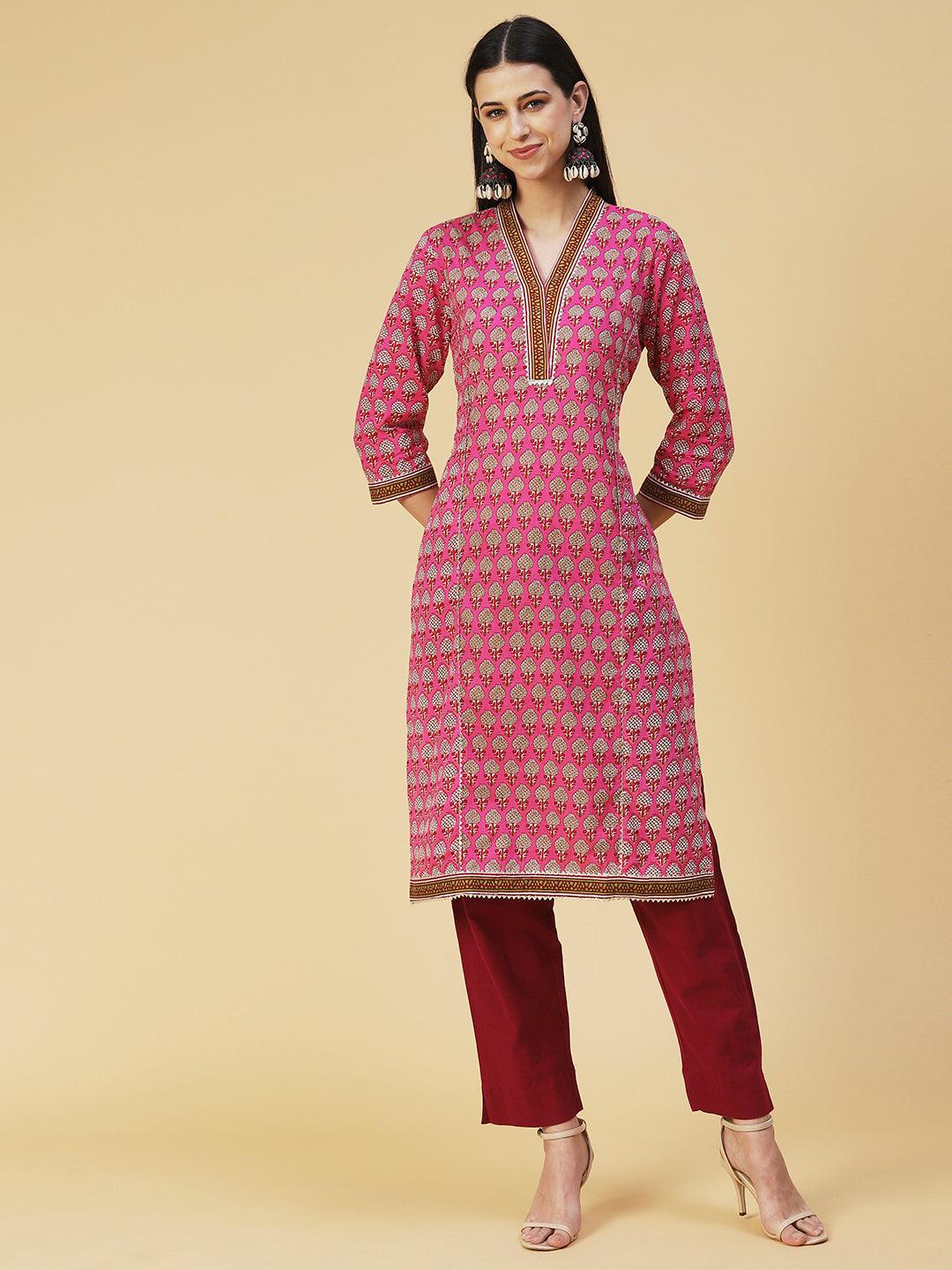 Ethnic Printed Straight Fit Kurta - Pink - Indiakreations