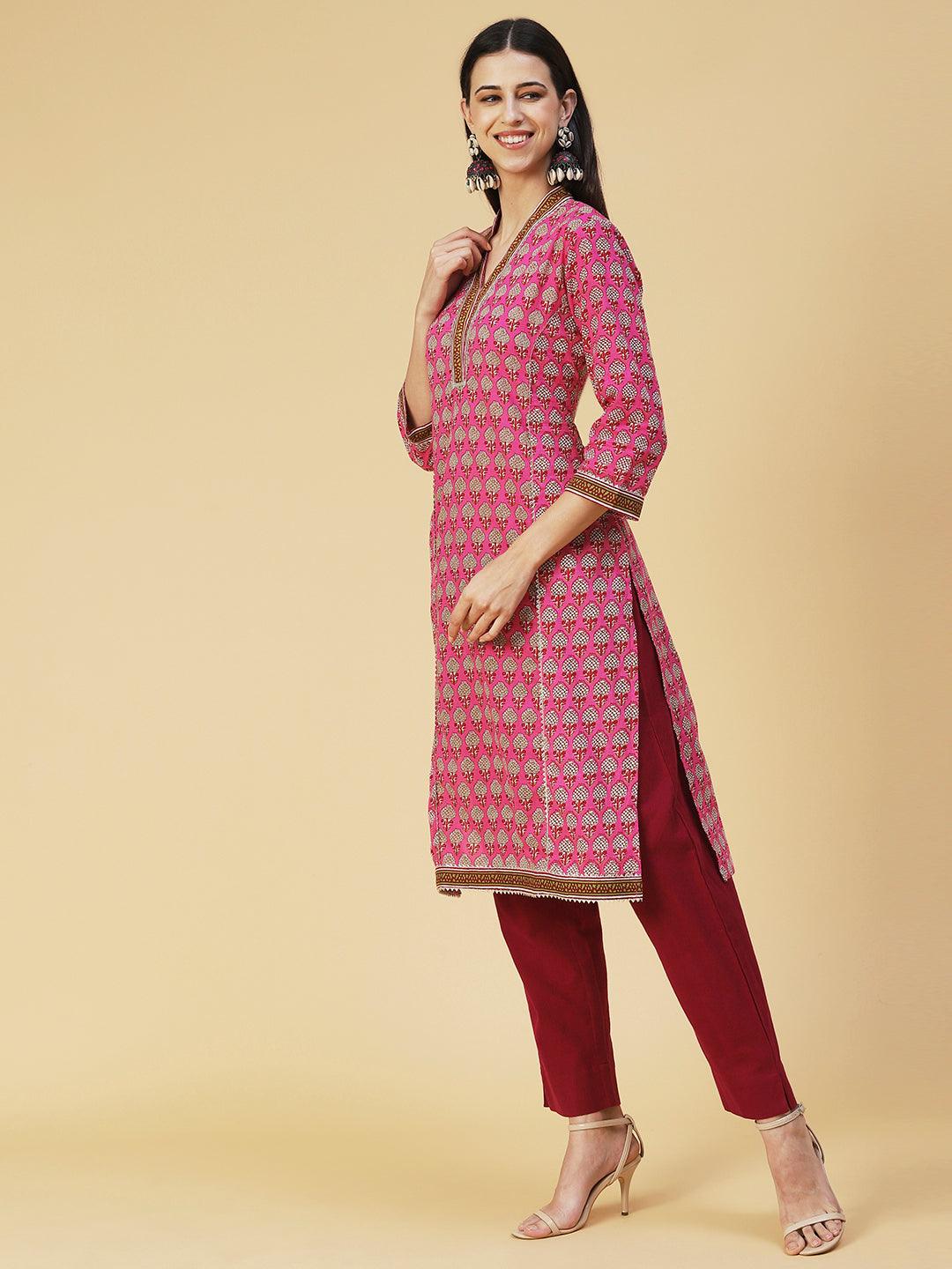 Ethnic Printed Straight Fit Kurta - Pink - Indiakreations