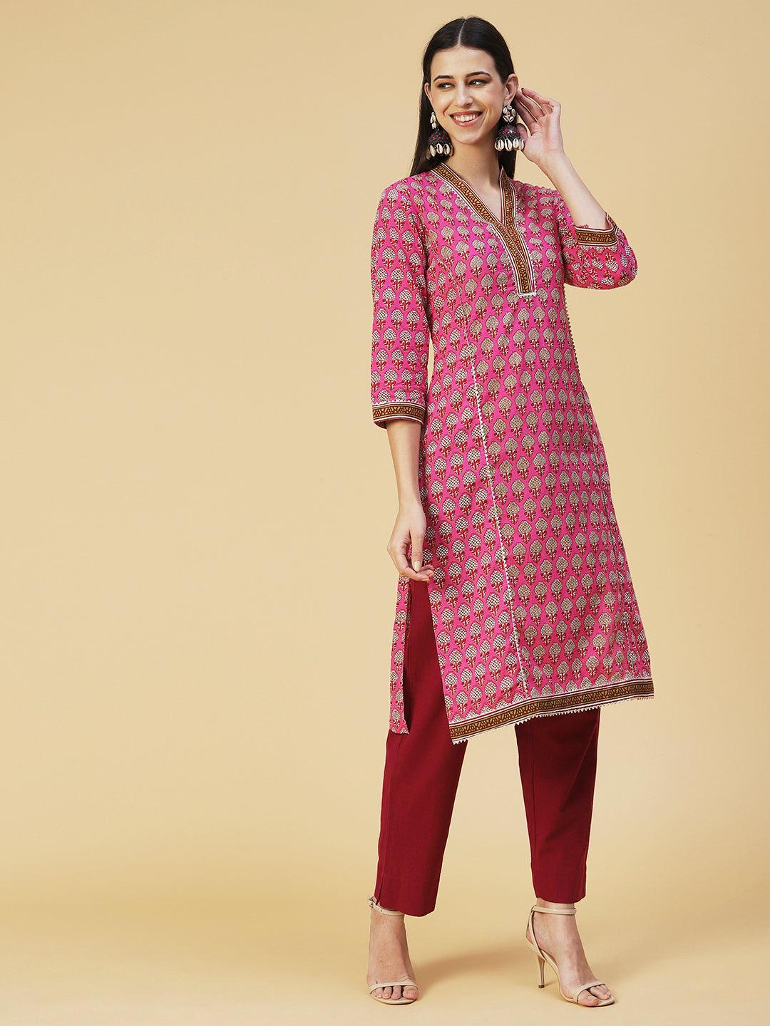 Ethnic Printed Straight Fit Kurta - Pink - Indiakreations