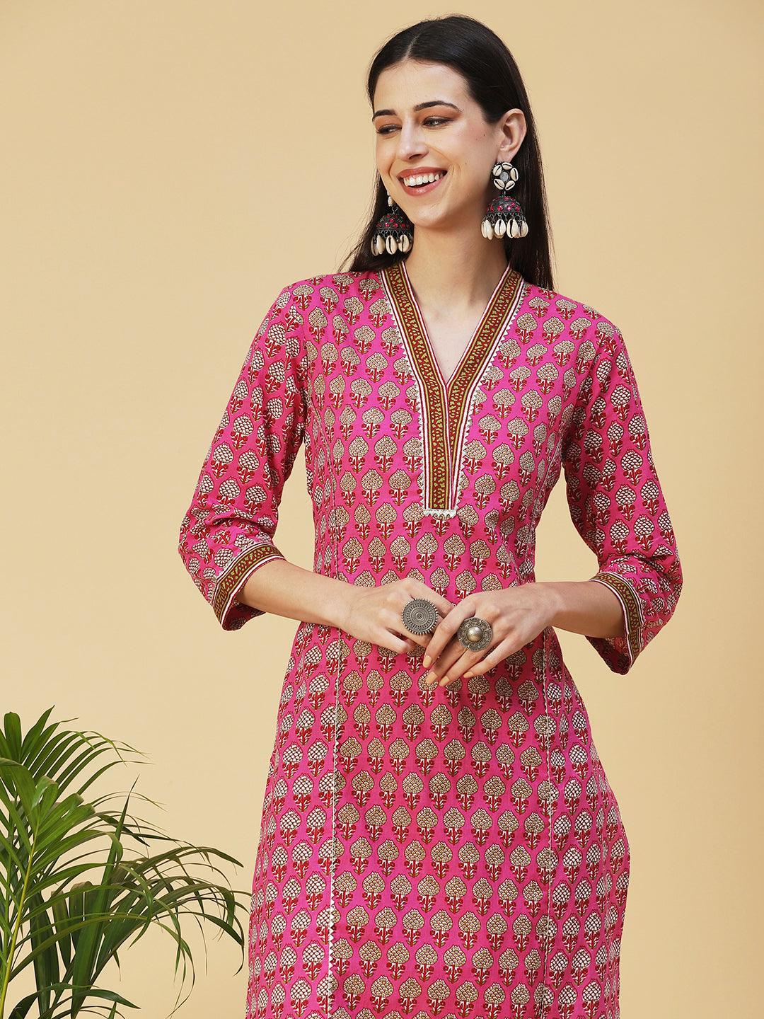 Ethnic Printed Straight Fit Kurta - Pink - Indiakreations