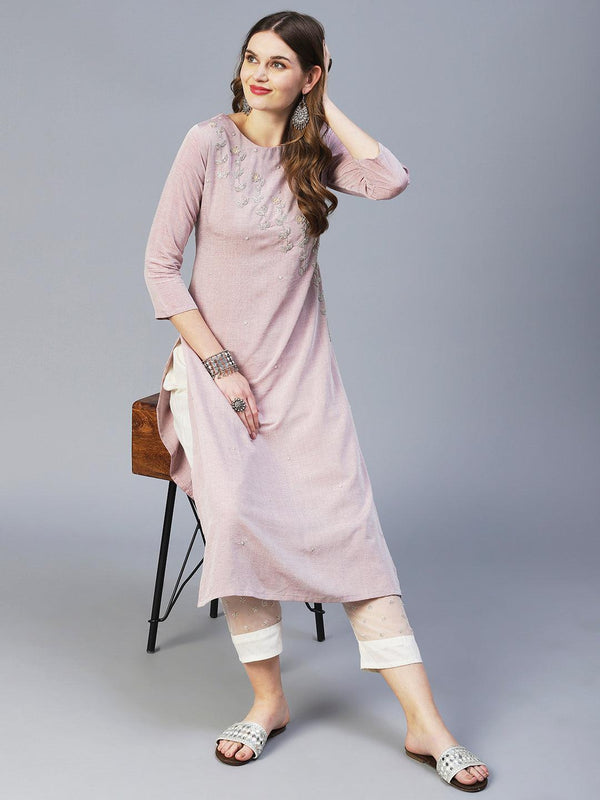 Solid Two Toned Hand Embroidered Kurta - Pastel Rust - Indiakreations