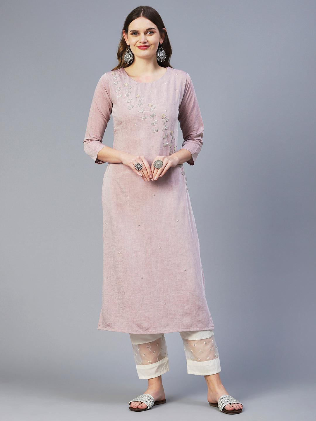 Solid Two Toned Hand Embroidered Kurta - Pastel Rust - Indiakreations