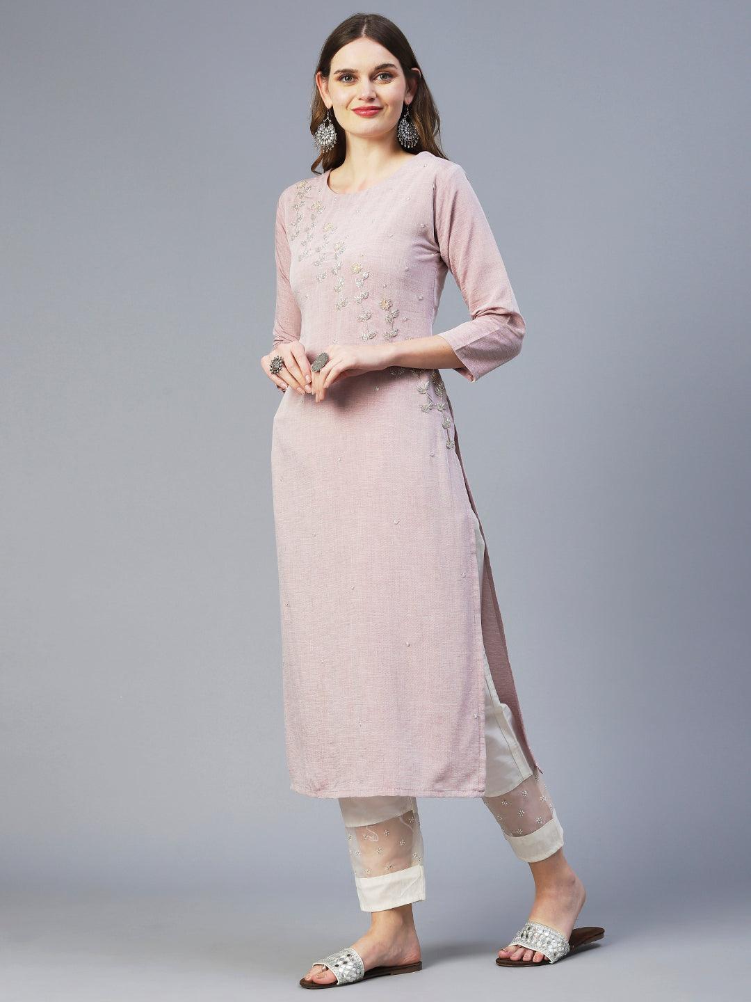 Solid Two Toned Hand Embroidered Kurta - Pastel Rust - Indiakreations