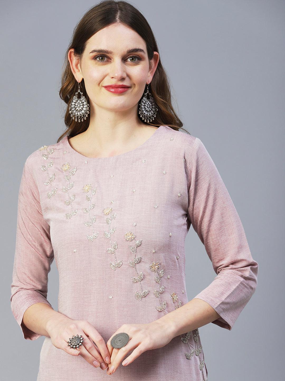 Solid Two Toned Hand Embroidered Kurta - Pastel Rust - Indiakreations