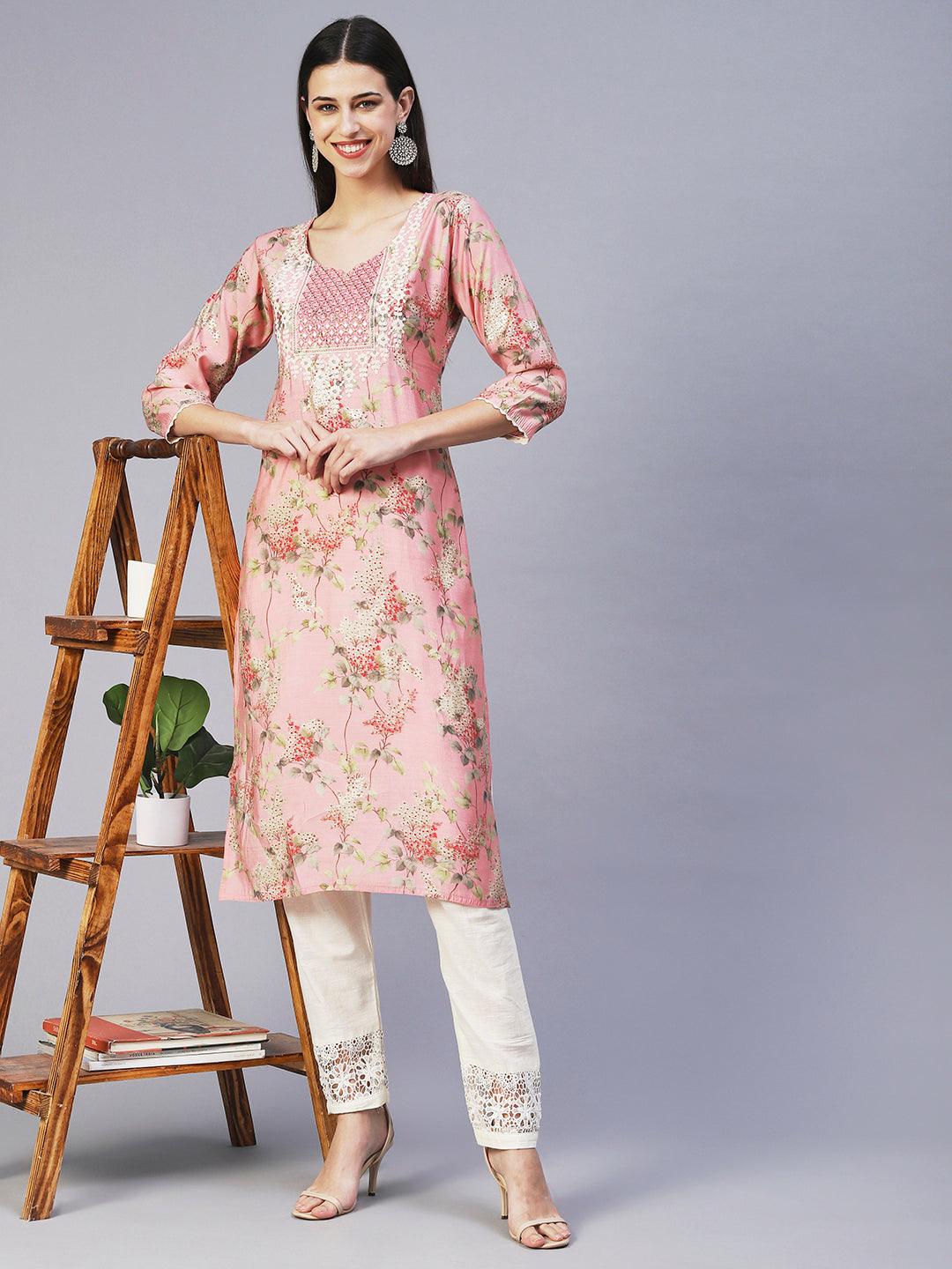 Floral Printed Mirror Embroidered Kurta - Rose - Indiakreations