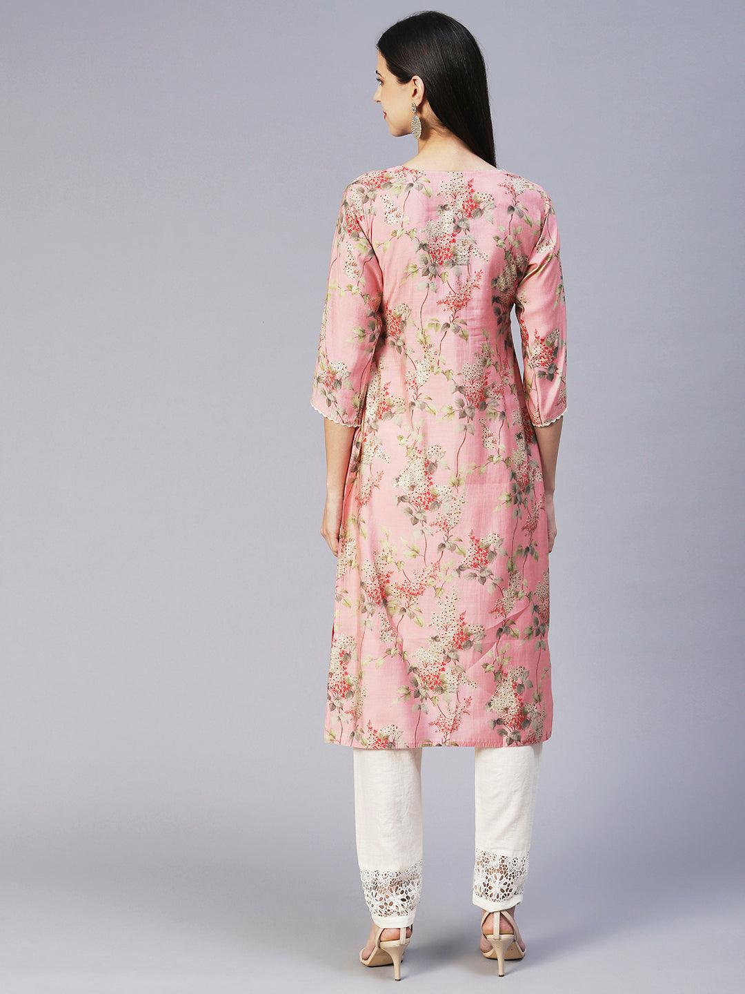 Floral Printed Mirror Embroidered Kurta - Rose - Indiakreations