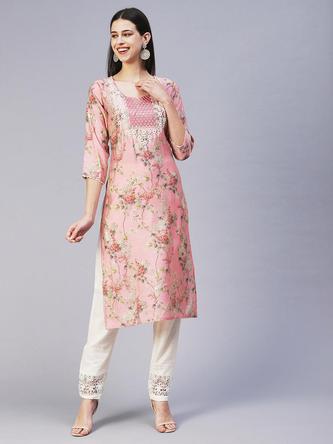 Floral Printed Mirror Embroidered Kurta - Rose - Indiakreations