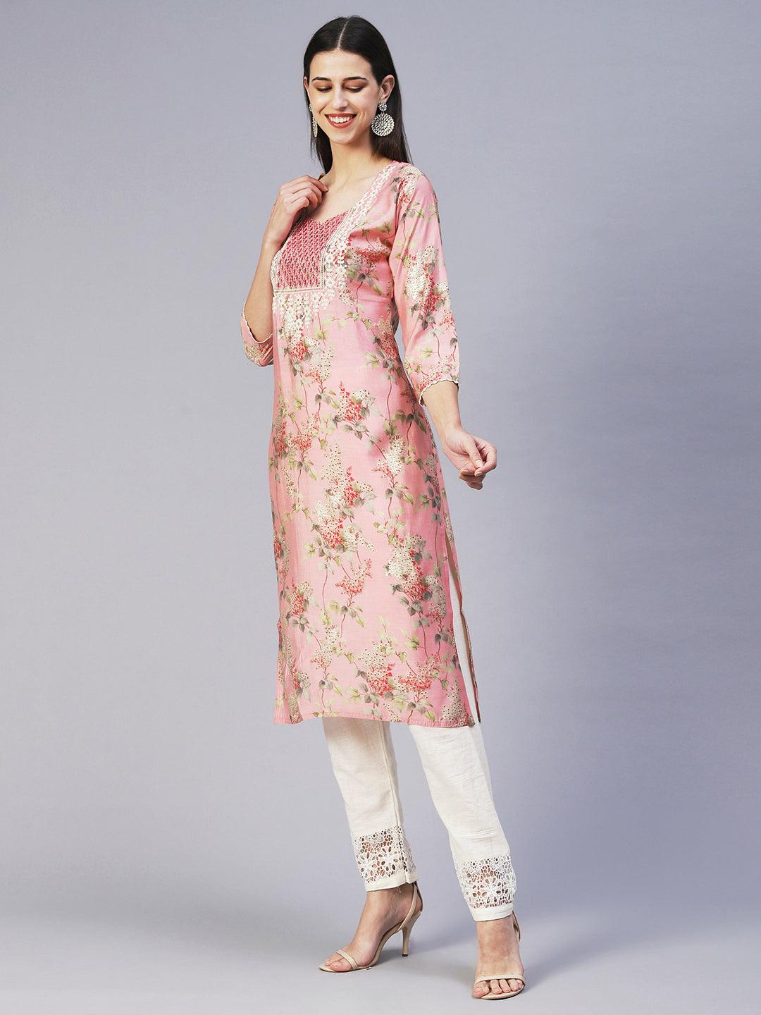 Floral Printed Mirror Embroidered Kurta - Rose - Indiakreations