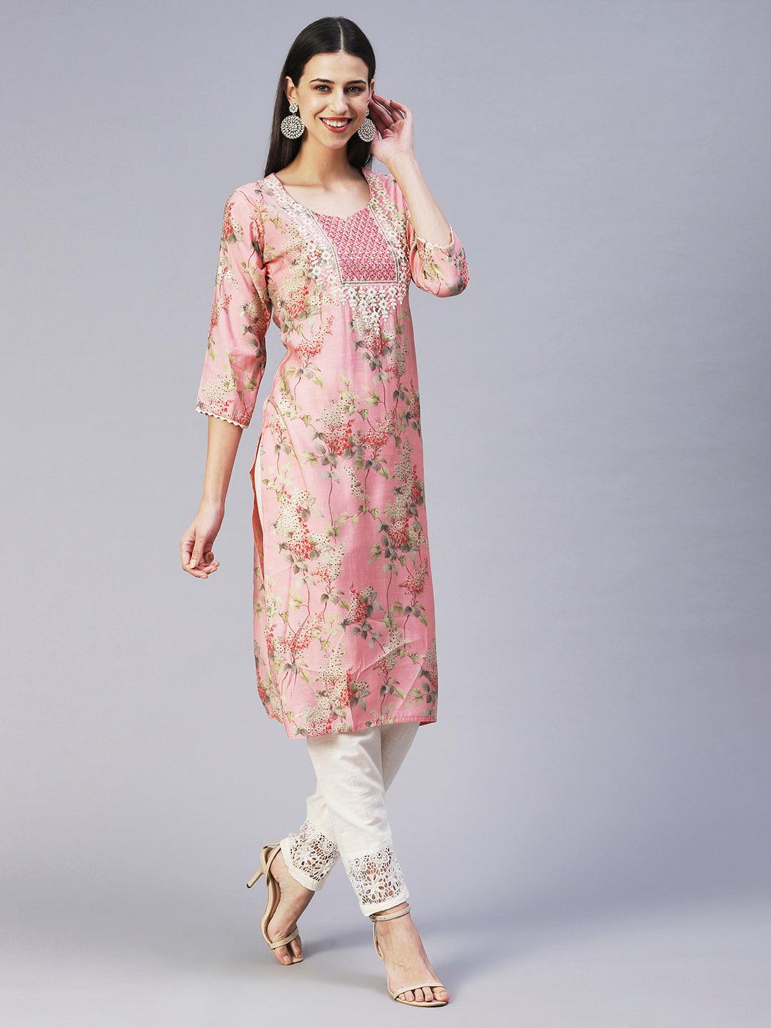 Floral Printed Mirror Embroidered Kurta - Rose - Indiakreations