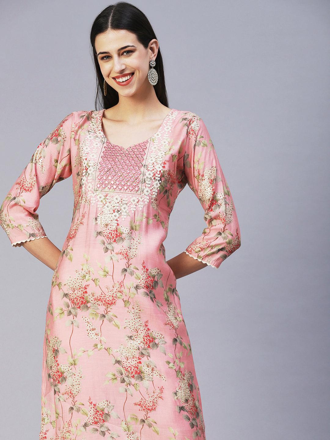 Floral Printed Mirror Embroidered Kurta - Rose - Indiakreations