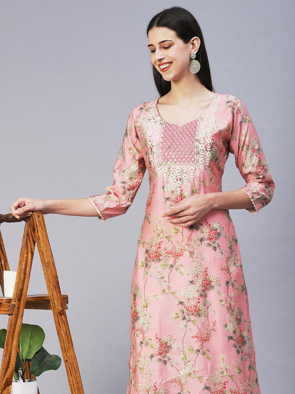 Floral Printed Mirror Embroidered Kurta - Rose - Indiakreations