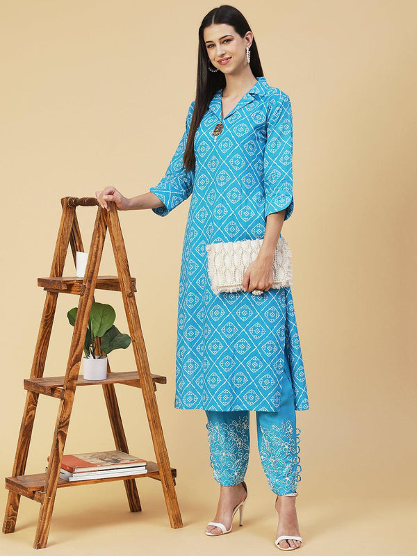 Bandhani Printed Brooch Kurta With Embroidered Pants - Blue - Indiakreations