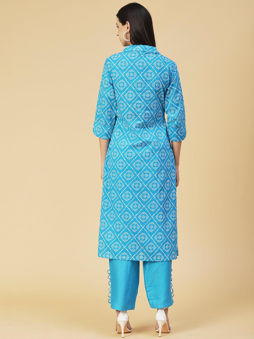 Bandhani Printed Brooch Kurta With Embroidered Pants - Blue - Indiakreations