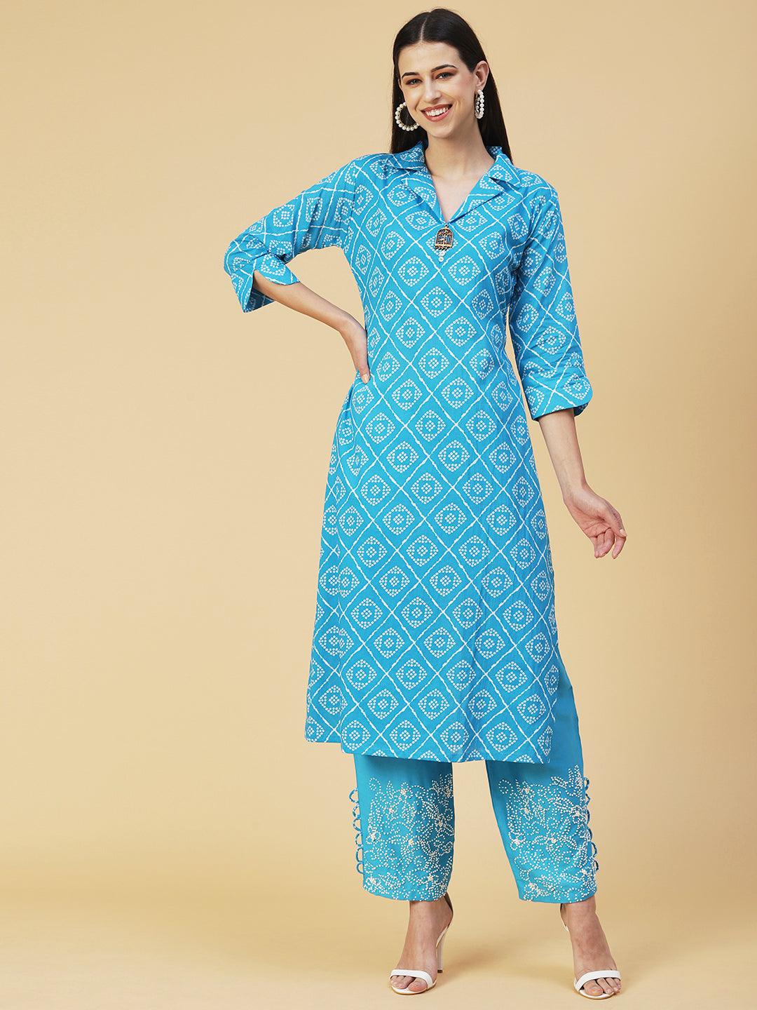 Bandhani Printed Brooch Kurta With Embroidered Pants - Blue - Indiakreations