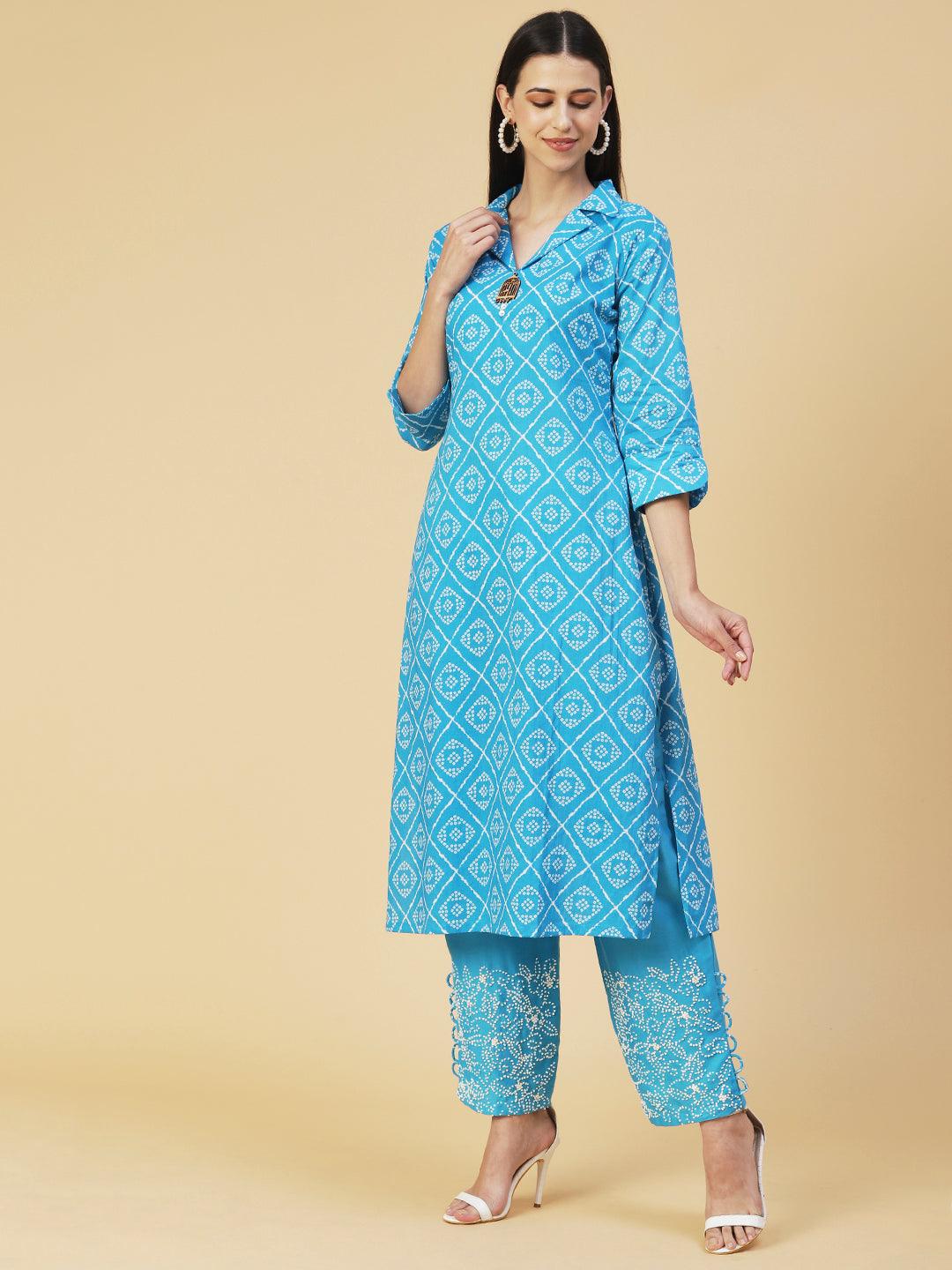 Bandhani Printed Brooch Kurta With Embroidered Pants - Blue - Indiakreations