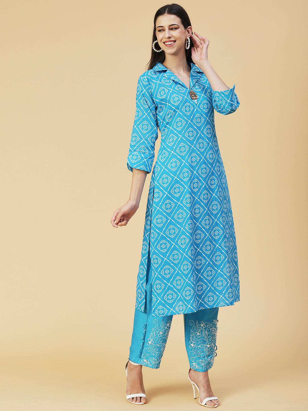 Bandhani Printed Brooch Kurta With Embroidered Pants - Blue - Indiakreations