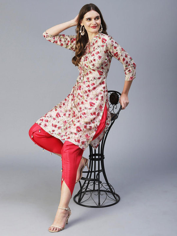 Floral Printed Kurta With Embellished Dhoti Pants - Off-White - Indiakreations