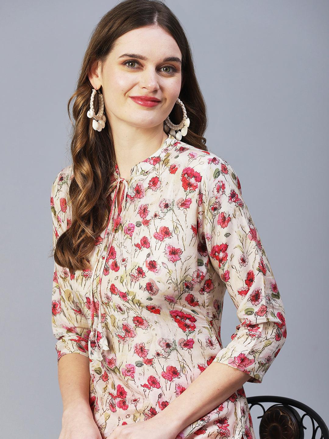 Floral Printed Kurta With Embellished Dhoti Pants - Off-White - Indiakreations