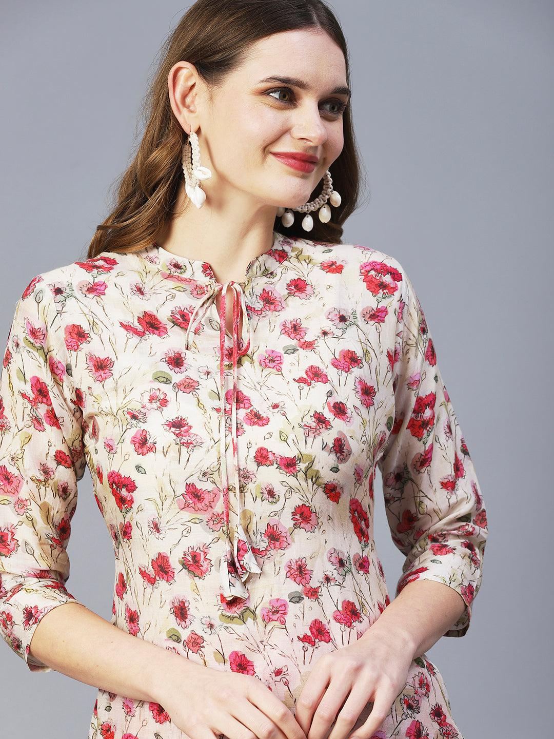 Floral Printed Kurta With Embellished Dhoti Pants - Off-White - Indiakreations