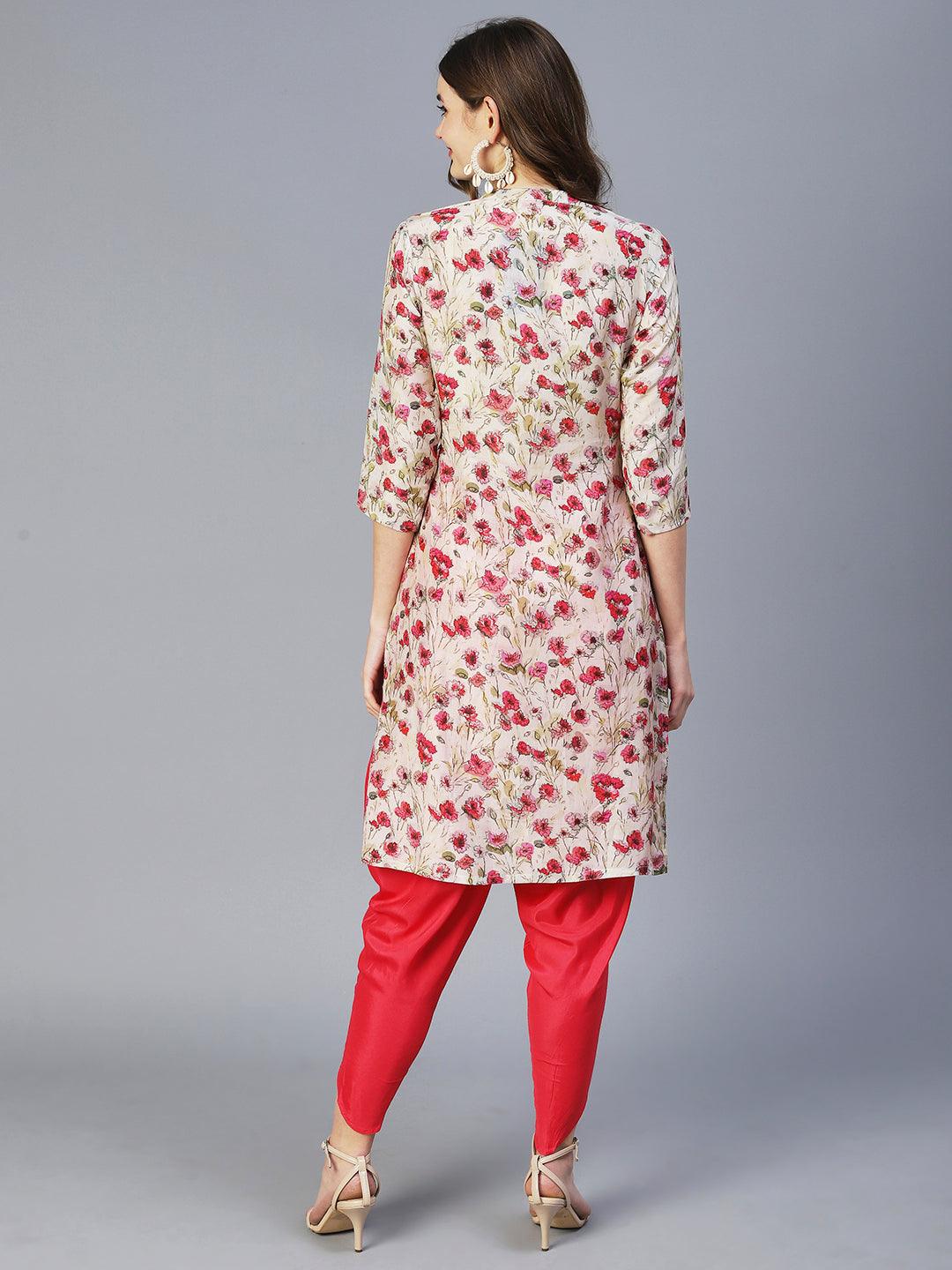 Floral Printed Kurta With Embellished Dhoti Pants - Off-White - Indiakreations