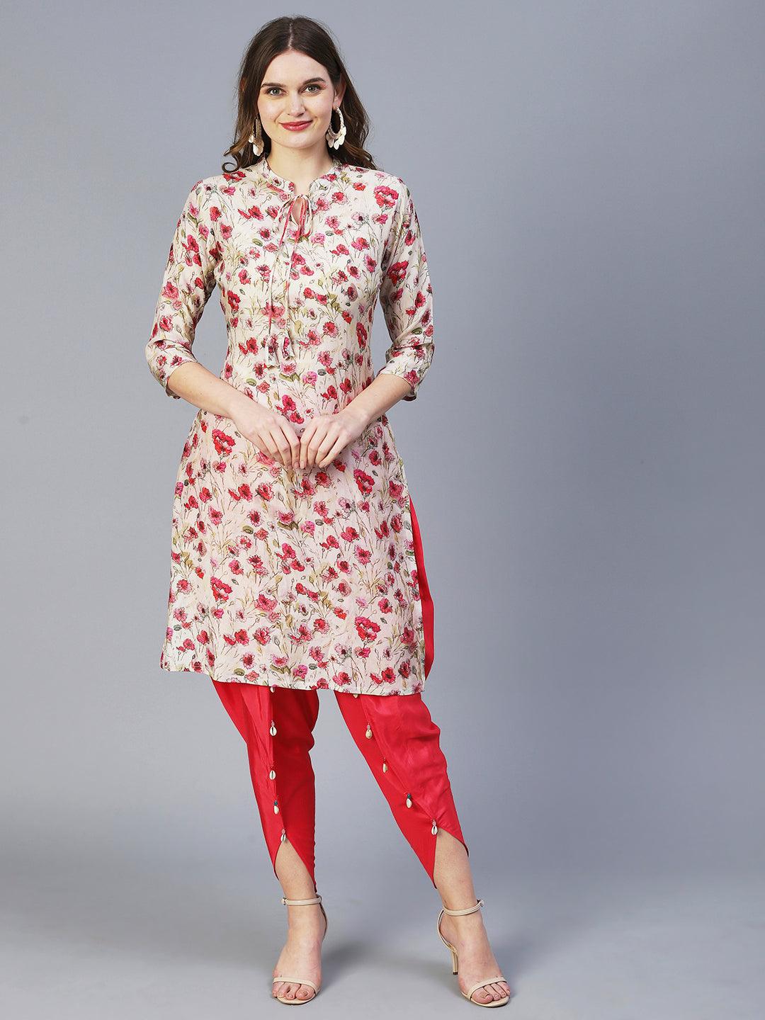 Floral Printed Kurta With Embellished Dhoti Pants - Off-White - Indiakreations