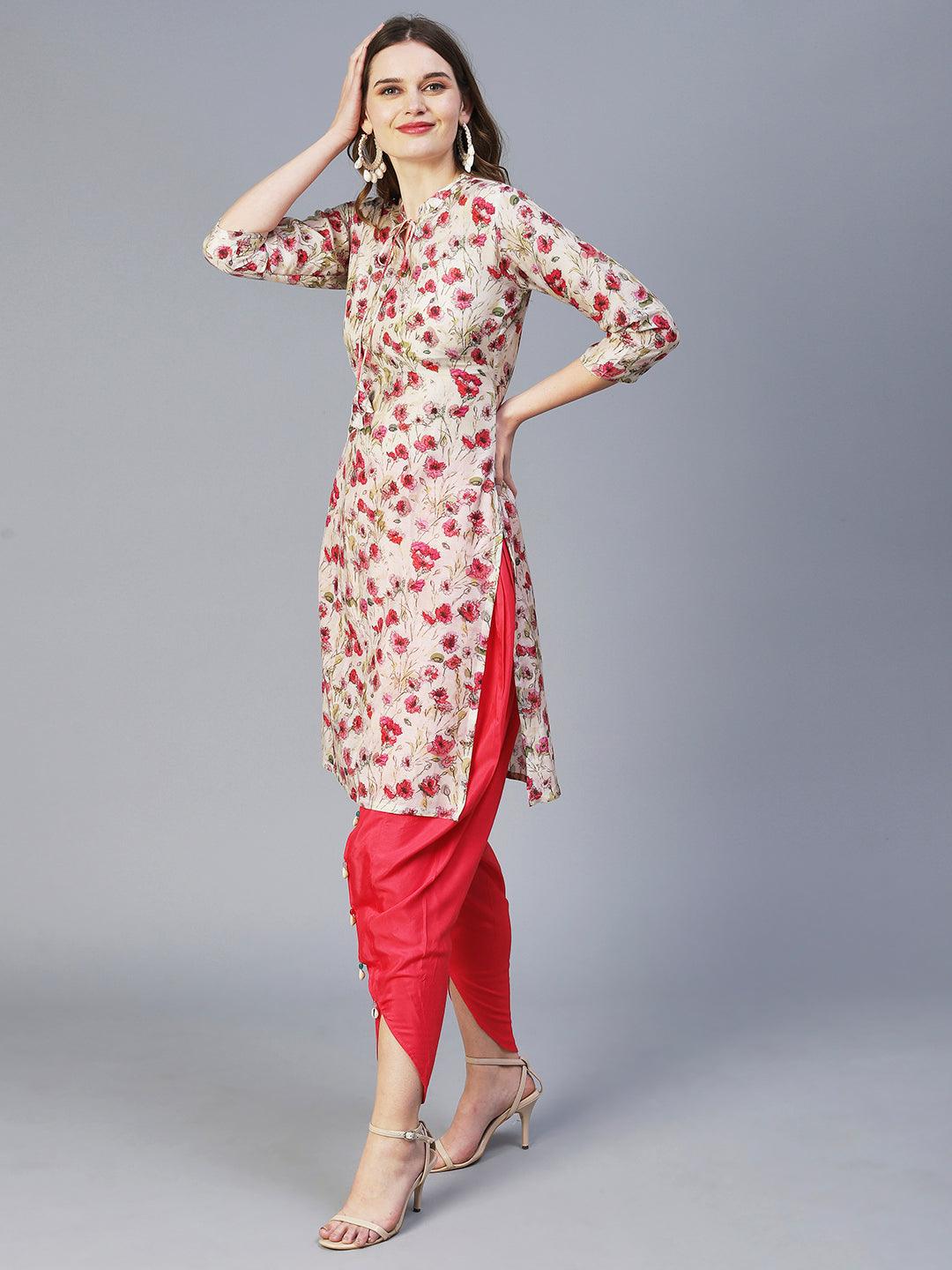 Floral Printed Kurta With Embellished Dhoti Pants - Off-White - Indiakreations