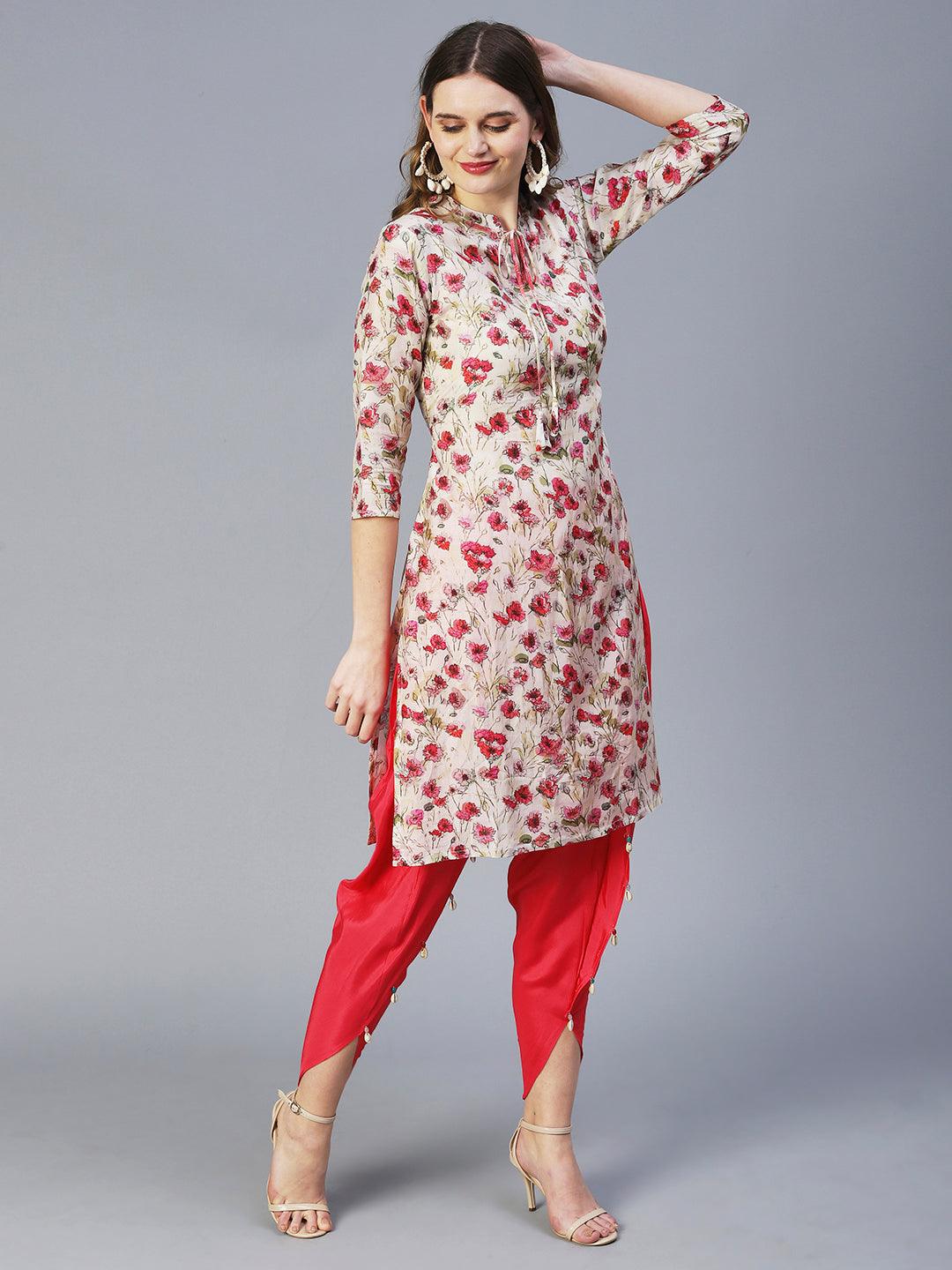 Floral Printed Kurta With Embellished Dhoti Pants - Off-White - Indiakreations