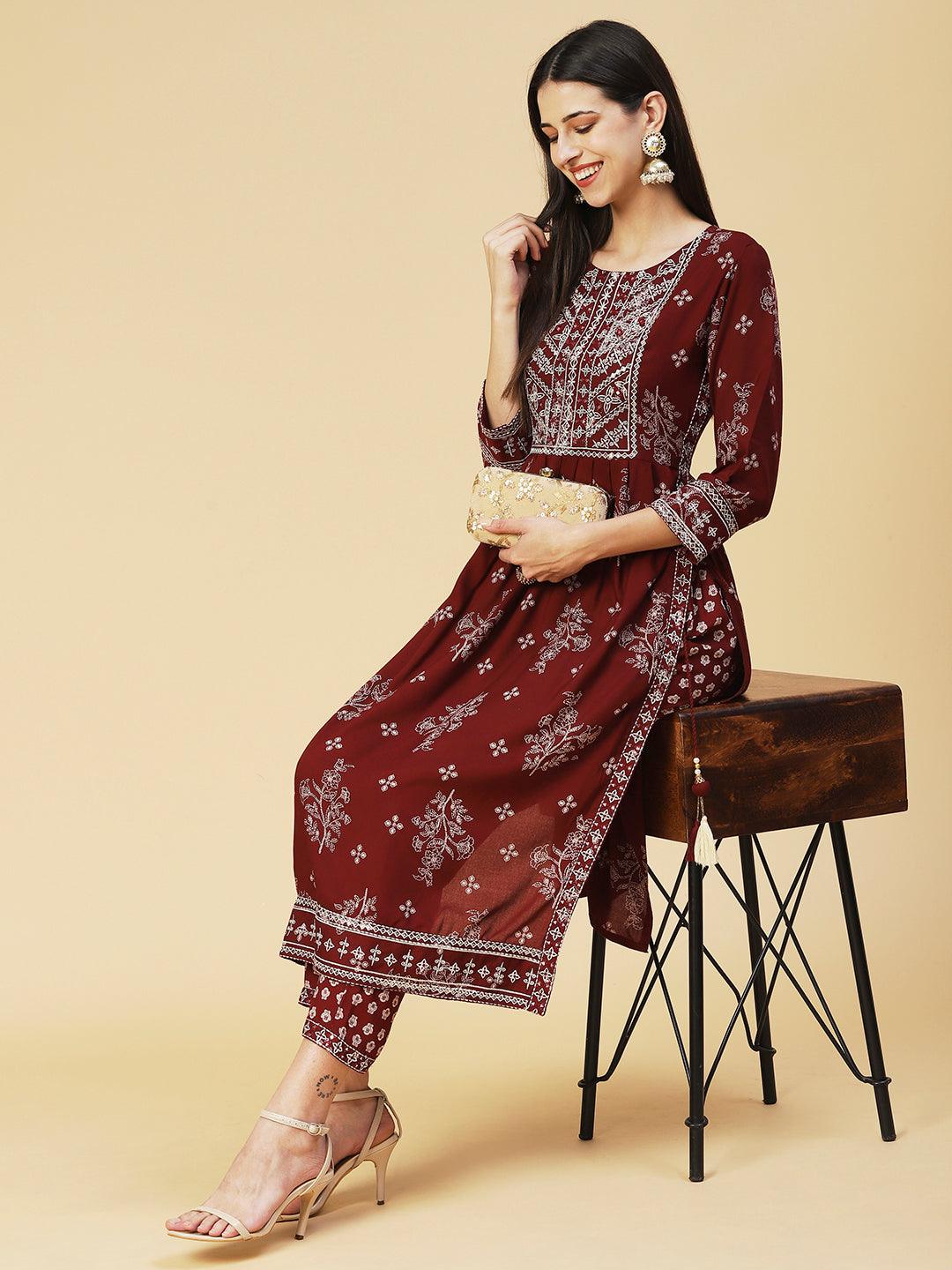 Floral Printed Embroidered Kurta With Pants - Maroon - Indiakreations