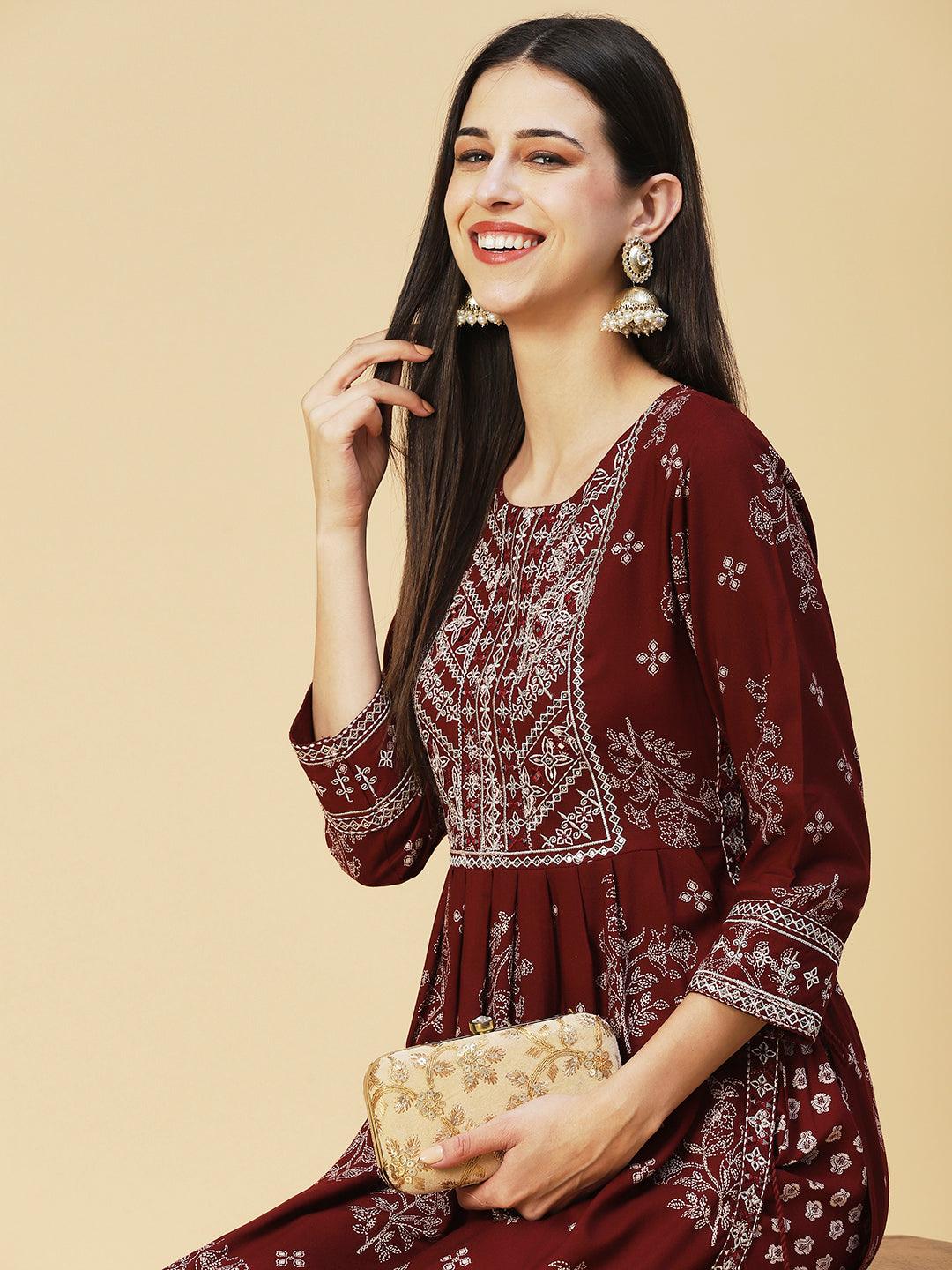 Floral Printed Embroidered Kurta With Pants - Maroon - Indiakreations