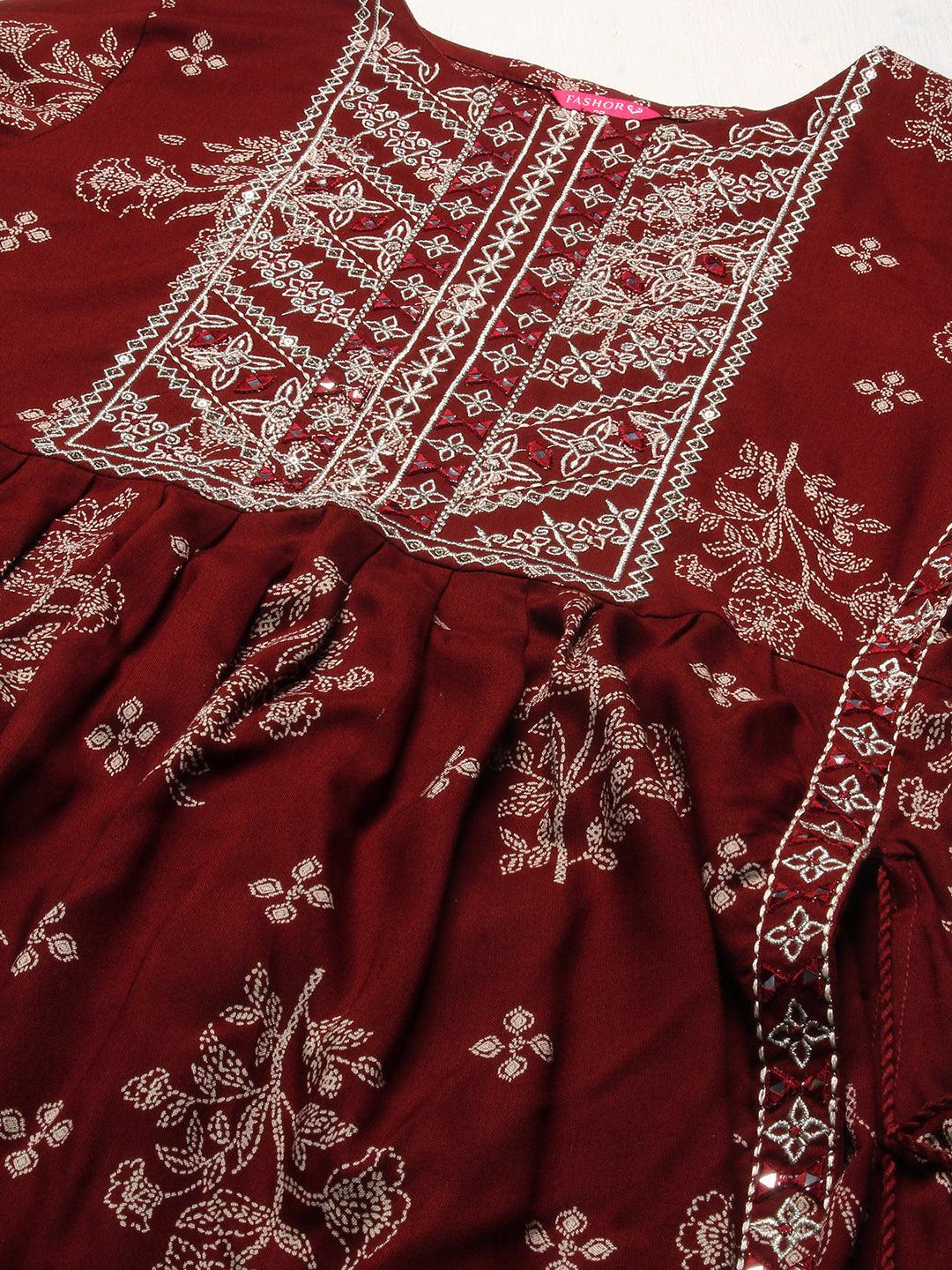 Floral Printed Embroidered Kurta With Pants - Maroon - Indiakreations