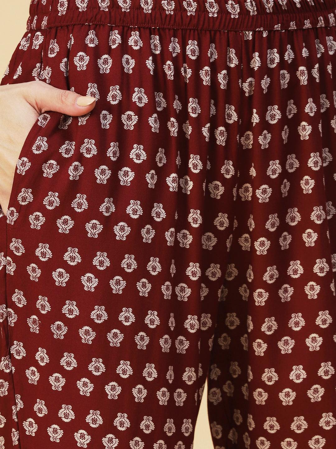 Floral Printed Embroidered Kurta With Pants - Maroon - Indiakreations