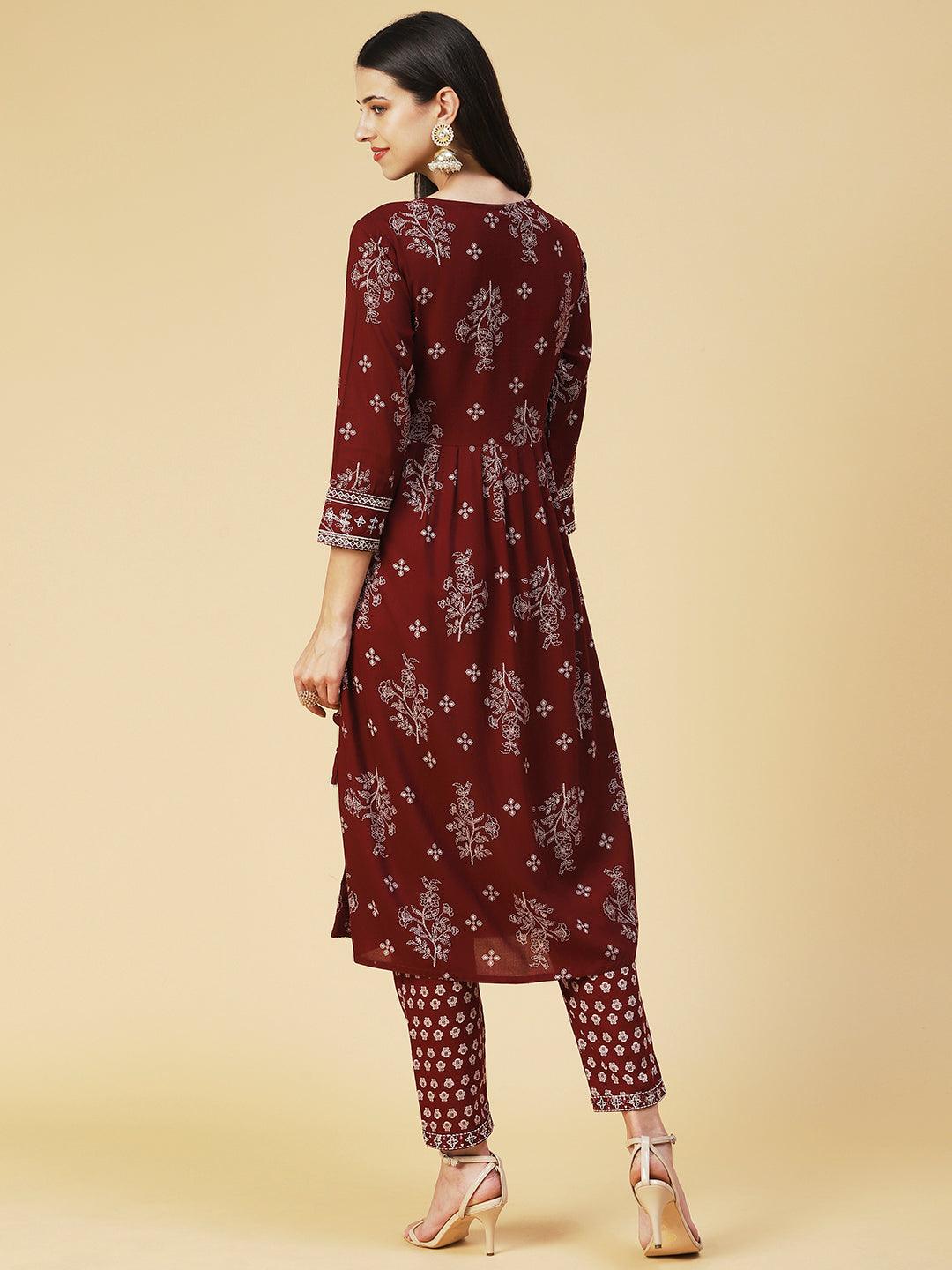 Floral Printed Embroidered Kurta With Pants - Maroon - Indiakreations