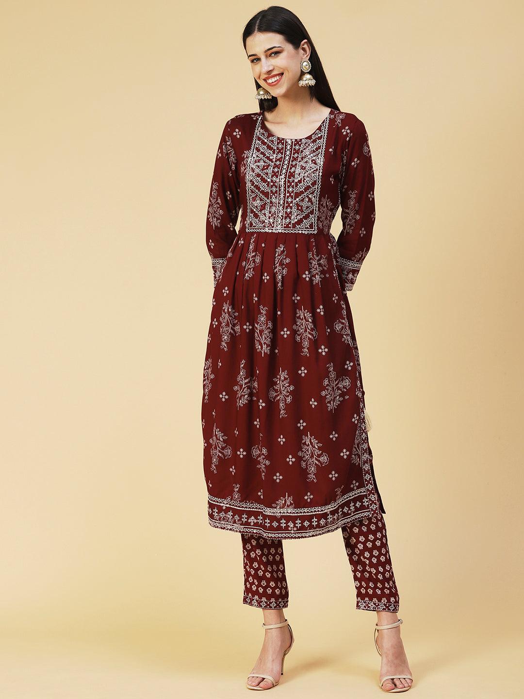 Floral Printed Embroidered Kurta With Pants - Maroon - Indiakreations