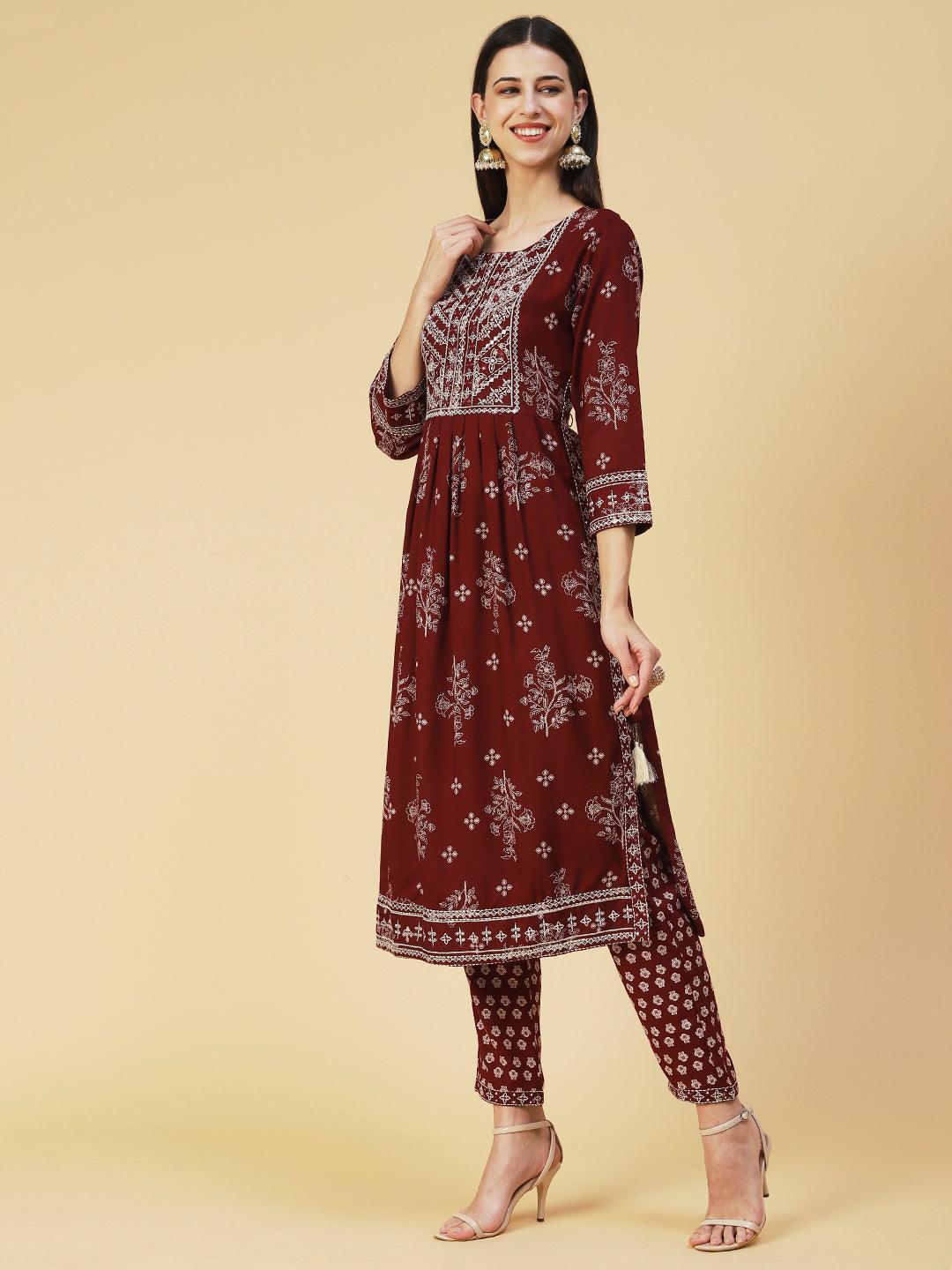 Floral Printed Embroidered Kurta With Pants - Maroon - Indiakreations